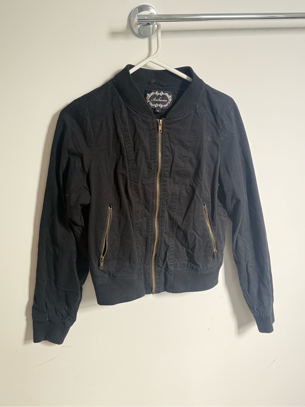 Ambiance Black Bomber Jacket with Gold Zipper